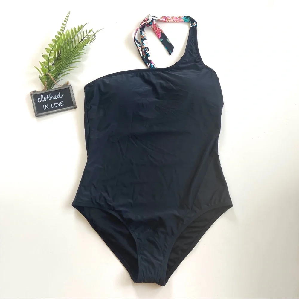 Kona Sol Black One-Shoulder Tie Floral One-Piece Swimsuit